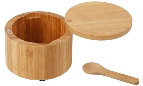 Generico Scatola per saliera in legno - Porta condimenti con coperchio magnetico e cucchiaio | Contenitore per spezie da cucina, contenitore per sale, per controsoffitto, dispensa, cucina, erbe, pepe