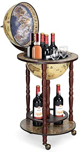 RELAX4LIFE Carrello da Bar con Globo, Tavolo da Bar a 2 livelli in Legno di Eucalipto Naturale, Mobile da Bar in Stile Vintage con Ruote Girevoli per Vini e Liquori
