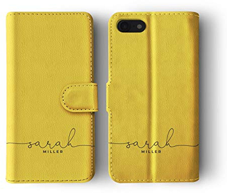 Tirita Personalised Leather Flip Wallet Phone Case with Card Holder Compatible with iPhone Xr - Sassy Girl [12 - Handwritten Name on Yellow]