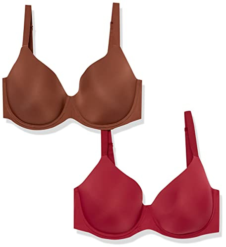 Amazon Essentials Women's Full Coverage Microfiber Underwire Bra, Lightly Padded, Supportive, Cushioned, Pack of 2, Chocolate/Red, 38DD