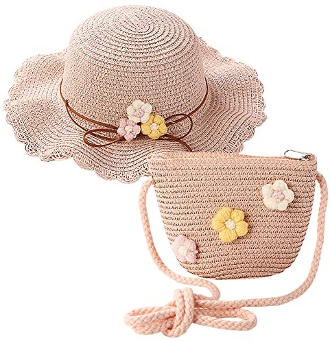 Strohhut und Kleine Tasche Set, Mädchen Kinder Sommer Sonnenhut Sonnenhüte mit Blumendekoration für den Urlaub Reise Outdoor-Aktivitäten Reisehut Sonnenhut für den Urlaub Reise (A-Pink)