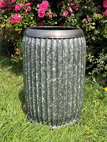 Discount Garden Statues Galvanised Vintage Dolly Tub | Large Metal Steel Zinc Garden Flower Pot Trough Planter S, Grey, 42cm tall, 29cm diameter, (HG1499SMA)