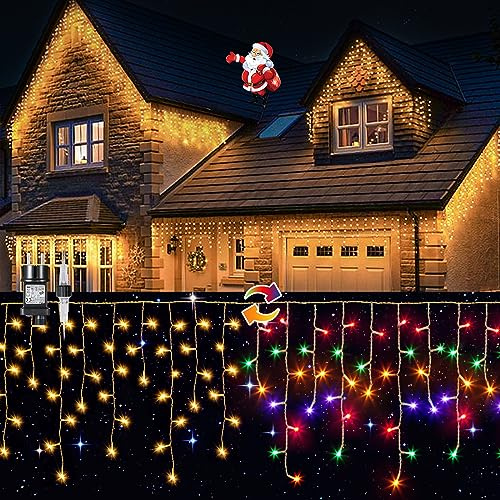 Elegear 10m 400 LED Cortina Luces Navidad Exterior con Enchufe, Guirnaldas Carámbano Luces Prolongable, 8 Modos Cadena Luz para Natal Boda Fiestas Casa Patio Balcón, bunt, Cálido y Colores