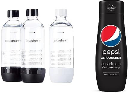 Sodastream Bottiglie Classiche per gasatore d'acqua, Capienza 1 Litro, & Concentrato per la preparazione di bevande dissetanti gassate al gusto Pepsi Max. 440ml per preparare fino a 9 litri di bibita