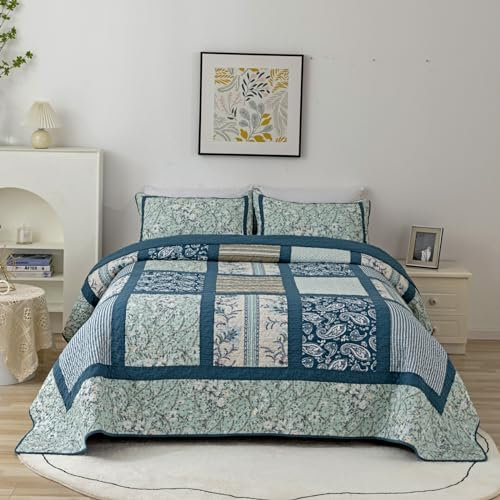 PRELGOSP Tagesdecke BettüBerwurf aus Baumwolle, Patchwork Bedspreads Steppdecke, Gesteppte Bett üBerwurfdecke mit 2 Kissenbezug,Grün,250x270cm