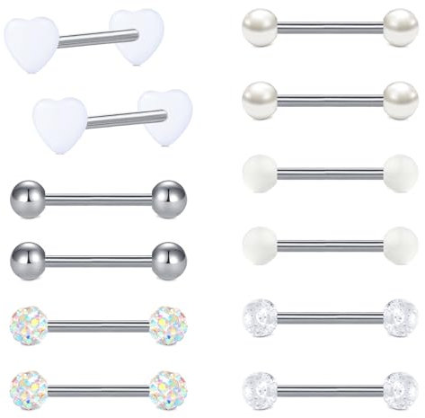 LAURITAMI 6 Paar Zungenpiercing Brustwarzenpiercing Edelstahl 1.6mm 14mm Stab Barbell Piercing Zunge Brustwarze Nippel Bars