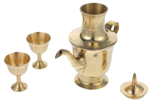 Garneck Retro Pure Brass Flask and Small Copper Goblets Set with Base, 3pcs Household Spirits Container for Buddhist Offering and Tabletop Decor Random Style