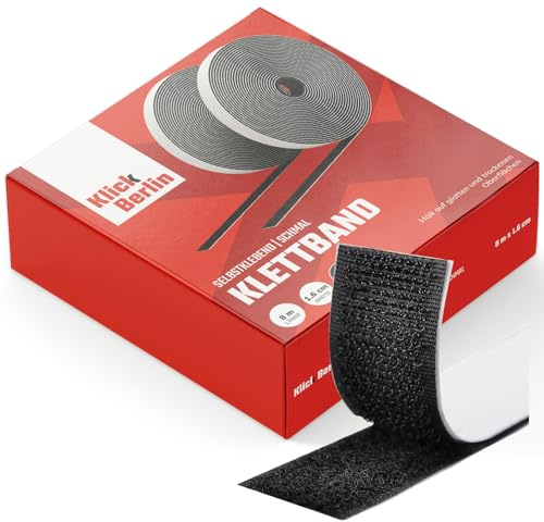 Klick Berlin Klettband Selbstklebend Schmal | 1,6 cm x 8 m | Klett Klebeband klebt auf vielen Flächen | Klettverschluss | 16 mm breit, 8 Meter lang, schwarz