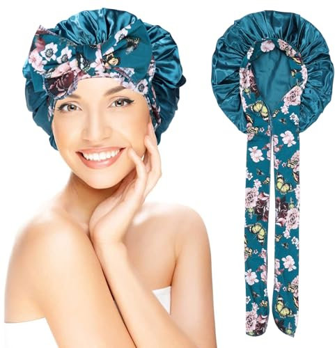 Silk Bonnet for Sleeping Satin Bonnet Hair Bonnet Hair Wrap for Bath, Shower Cap Tie Band for Women Girls Long Curly Hair Sleeping (Blue)