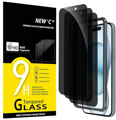 NEW'C 3 Pack, Privacy skärmskydd i glas för iPhone 16 Plus,15 Plus (6,7 tum), Balans mellan integritet och ögonskydd, Bubbelfri, Ultrabeständig, 9H hårdhet - Enkel installationsverktyg inkluderat