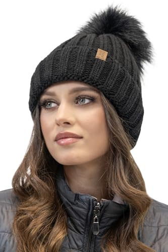 Vivisence Cappello Invernale alla Moda con Pom-PON Ecologico Fodera in Pile Antistatico E Filato Caldo E Spesso Perfetta vestibilità Ideale per Le Giornate Fredde, Nero,Taglia Unica