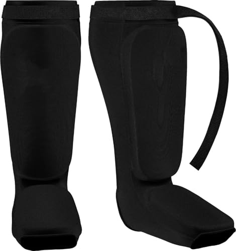 Muay Thai MMA Kickboxing shin Guards, Elite Sports Instep Guard Sparring Protective Leg shin Kick Pads for Kids & Adults (BLACK, M)