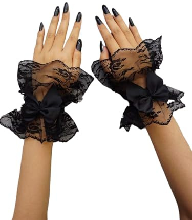 Amazleer Women's Lace Cuffs Lolita with Bow Wedding Wrist Length Fingerless Bridal Prom Gloves, Black, One Size