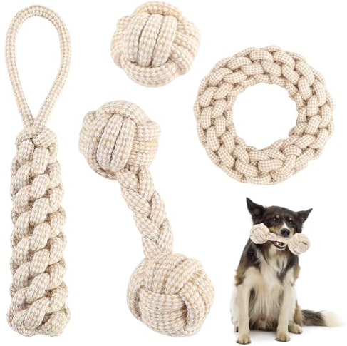KQDRAVINE Giocattolo per cani con corda con nodo, set di 4 giocattoli per cani in 100% canapa naturale, giocattolo per cani di alta qualità, per piccoli (1)