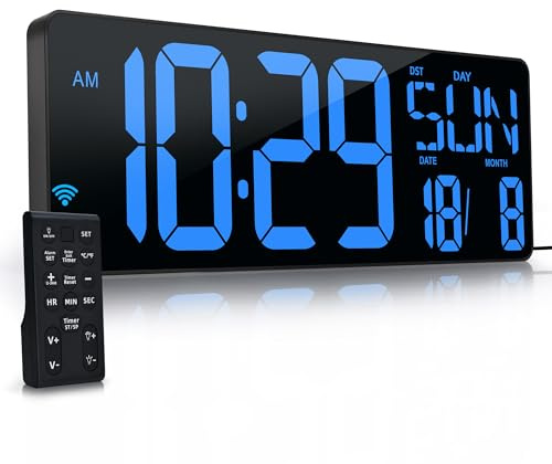 Krstir Grande horloge murale numérique avec télécommande, écran LED de 17,2 grand affichage compteur montant et descendant, réveil à luminosité réglable avec jour/date/température pour la maison, le