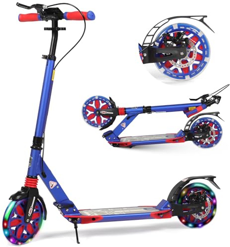 Kick Scooter for Kids Ages 8-12, 200mm Big Wheel Adult Scooter with Disc Brakes and Carry Strap, Foldable Scooters for Teenagers 11-15 (LED-Dark Blue)