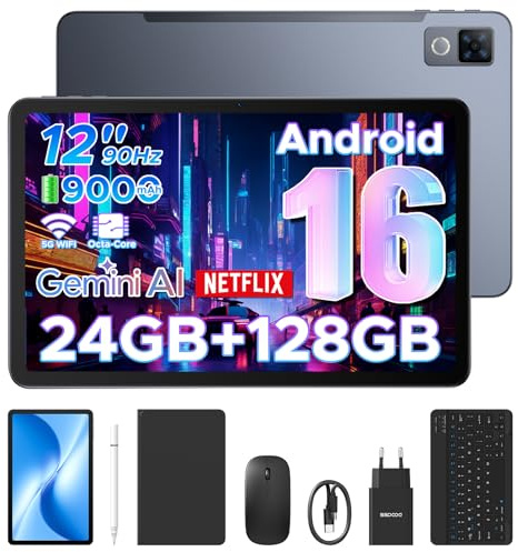 DOOGEE U12-V Tablette Android 16, Tablette 12 Pouces, 24GB RAM+128GB ROM(TF 2TB), Batterie 9000 mAh/ 18W Charge Rapide, Unisoc T7255 Octa-Core Caméra 13MP Clavier Tablette avec Stylet, 5G WiFi