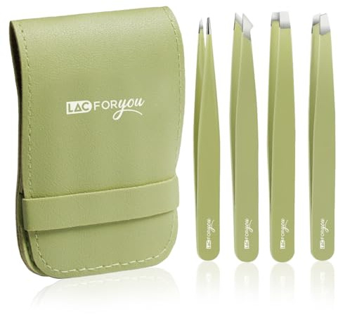 LAC FOR YOU Set de 4 Pinzas Depilar Profesionales – Pinza Cejas Acero Inoxidable – Punta Fina, Inclinada y Plana – Alta Precisión – Con Estuche Elegante – Verde