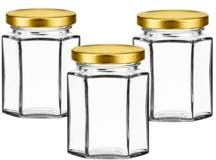190ml Hexagonal Glass Jars with Gold Twist-Off Lids (Pack of 6) Honey, Jam & Chutney Storage | J&B