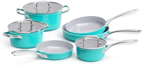 6-Piece Non-Stick Cookware Set - Ceramic Coating Wok, Stock Pot, Milk Pot, Die-Cast, Fits All Stoves, Home Kitchen(Green)