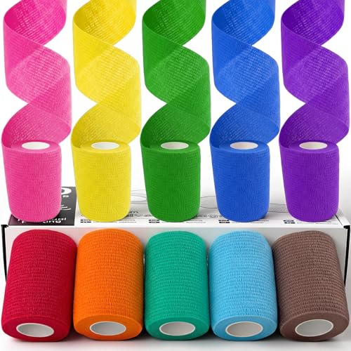HONYAO Self Adhesive Bandage 10 Rolls, 7.5cm x 4.5m Pet Vet Wrap for Dogs Cats, Cohesive Bandage for Sports Wrist Ankle Stretch Sprains Swelling First Aid, 10 Colours