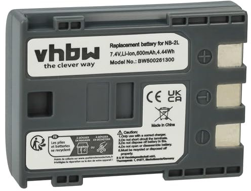 vhbw batteria compatibile con Canon PowerShot S70, S80, S50, S60, G7, G9, S40, S45, S30 videocamera camcorder (600mAh, 7,2V, Li-Ion)