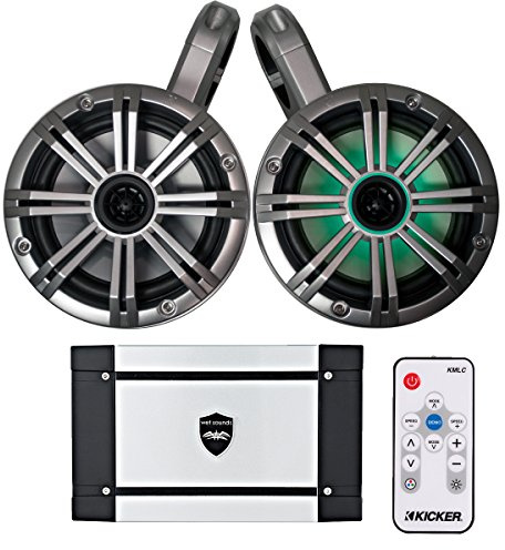 KICKER Marine Wake Tower System w/Silver 6.5 LED Speakers, LED Remote and Wet Sounds HT-4 400 Watt Marine Amp