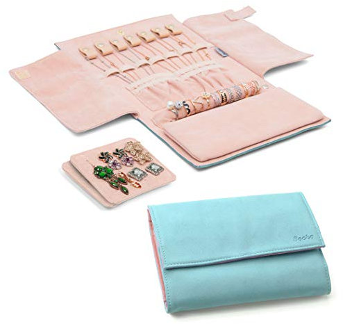 Becko Schmucktasche aus Flanell und Leder Schmuckaufbewahrung Organizer Jewelry Box für Ohrring Fingerring Halskette und mehr (20.5 * 15 * 2 cm) (Blue)