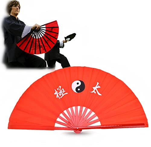 Dioche Eventail Chinois Kung Fu Pliable, Fan de Bambou Art Chinois Pliant Ventilateur de Kung-fu Fan de Tai Chi pour la Main pour la Pratique Des Arts Martiaux[Rouge]