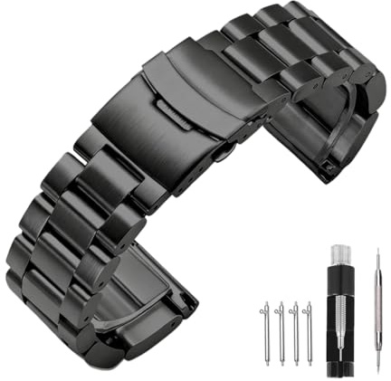 Kai Tian Solide Doppelschlösser Edelstahl Uhrenarmband gebürstet Uhrenersatz Metallarmband Armbanduhr Ersatzband für Damen Herren 18mm 20mm 22mm 24mm Schwarz Silber
