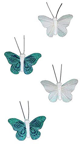 Aimants Plumes pour Rideaux, décor Papillon koh Samui, Couleurs Blanc & Bleu foncé, 4 Papillons
