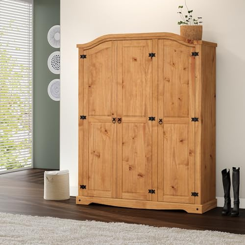 Corona 3 Door Arch Top Wardrobe Solid Pine Storage Bedroom Furniture Mexcian Rustic Wooden Triple Robe Wood 190cm High. 149cm Wide. 51cm Deep