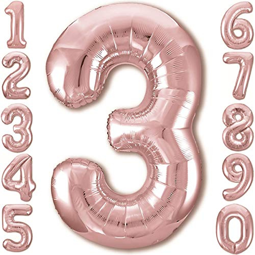 Luftballon 3. Geburtstag Zahl 3 Rosegold XXL Riesen Folienballon 100cm Geburtstagsdeko Mädchen Ballon Zahl Deko zum Geburtstag. Fliegt mit Helium.