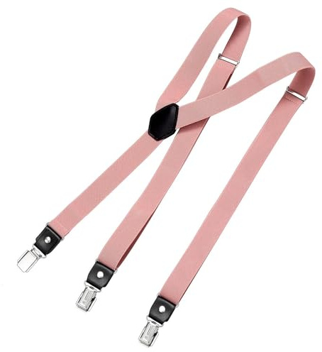 DonDon Bretelle da uomo eleganti strette 2,5 cm con 3 clip extra forti e toppa in pelle Rosa