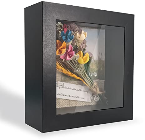 GraduationMall 3D Bilderrahmen Tief Objektrahmen 13x13 cm Schwarzen mit Glasscheibe zum Befüllen für Blumen Medaillen Tickets Wand Tischrahmen Schwarz