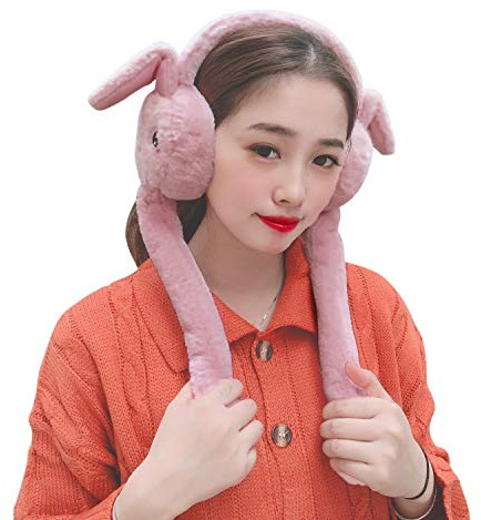 Cute Plush Earmuffs with Moving Animal Ears - Funny Ear Warmers for Women - Outdoor Earmuffs for Cold Weather