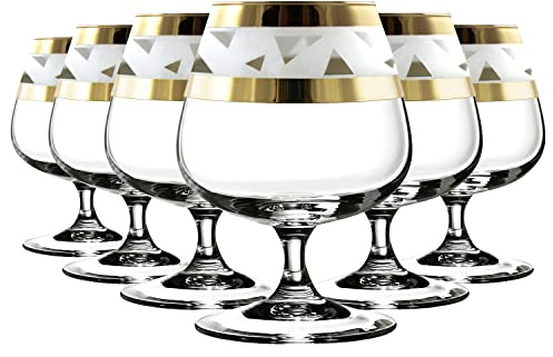 Brandy Glasses Set of 6 with Modern Gold Rim and Stable Stem - 400ml Large/Cognac Glasses/Thick and Heavy Glass with Unique Beautiful Decor/ - Gift Set for Men or Women (Golden Ice)