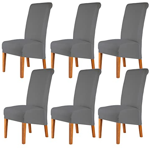 CMAKER Stuhlhussen mit hoher Rückenlehne, Stretch-Spandex-Stoff, Stuhlhusse für Zuhause, waschbar, abnehmbar, Esszimmerstuhl, Küche, Hotel, 6 Stück, grau