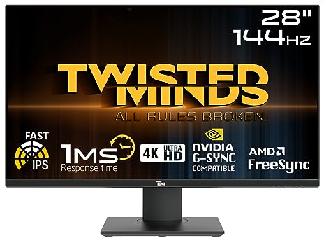 Twisted Minds Monitor para Gaming, Pantalla de 28 Pulgadas Fast IPS - Resolución 3840 x 2160 UHD, Frecuencia Actualización 144 Hz, Relación Aspecto 16:9, Tiempo Respuesta 1 ms - Negro (TM28EUI)