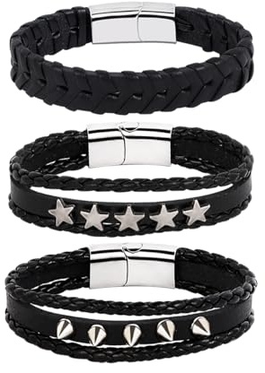 JJDreams 6PCS Punk Armband Herren Armbänder Set Schwarz lederarmband Gothic Geflochtene Armreif Leder