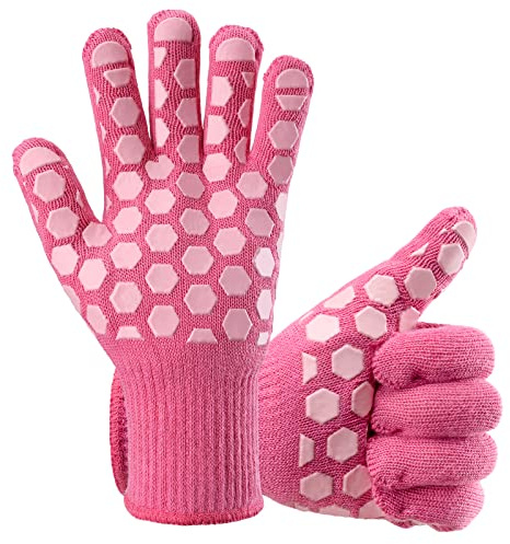 Bessteven BBQ Grill Ofenhandschuhe Mitt 500 ℃ Hitzebeständig Flexible Silikon Anti-Rutsch Topflappen Handschuhe für Grill, Küche, Kochen, Backen, Camping, Feuerstelle, Damen, Rosa