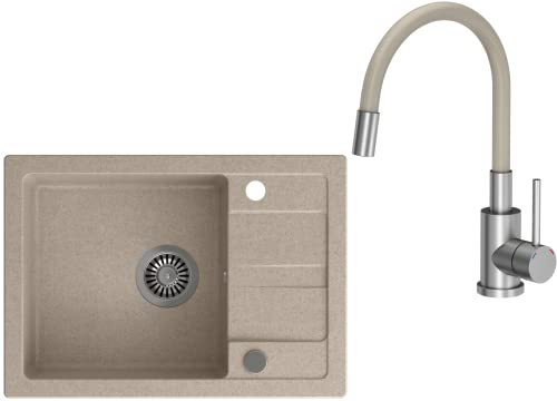 VBChome Fregadero con grifería, color beige, 62 x 44 cm, granito, fregadero individual, escurridor moteado, reversible, grifo de cocina beige + sifón