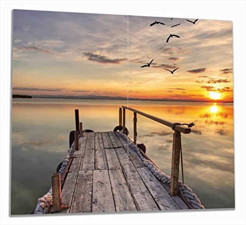 Wallario Herdabdeckplatte/Spritzschutz aus Glas, 2-teilig, 60x52cm, für Ceran- und Induktionsherde, Sonnenuntergang über dem See idyllischer Steg