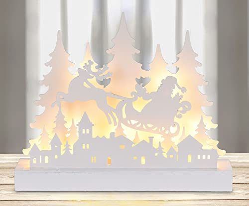 Holz Silhouette Weihnachtsmann Schlitten 30 cm 12 LED Deko | Beleuchtete Holz Silhouette mit Weihnachtsmann im Schlitten für stimmungsvolle Adventsdeko