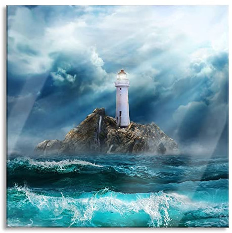 Pixxprint Glasbild, Wandbild auf Echtglas, Sonnenstrahlen auf Leuchtturm im Sturm, 40x40 cm, inkl. Aufhängung und Abstandshalter