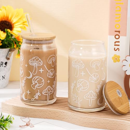 Whaline Paquete de 2 vasos mágicos de hongos de 16 onzas, taza de café helado con tapa de bambú, cepillo de limpieza de popote de vidrio para cóctel, whisky, cerveza, soda, decoración de regalos