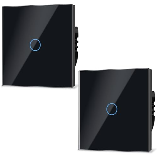 TAWOIA Normaler Lichtschalter, Wandlichtschalter, Standard 110 V-240 V, 86 x 86 mm Gehärtete Kristallplatte mit LED Hintergrundbeleuchtung 1 Fach 2 Weg Touch Lichtschalter,1000W,Schwarz 2er-Pack