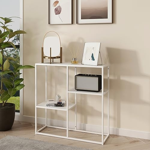 [en.casa] Tavolo a Consolle con 3 Piani Mobile Stretto da Ingresso Consolle in Acciaio Scaffale da Terra Espositore 80 x 80 x 26 cm - Bianco opaco