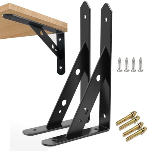 Shelf Brackets Heavy Duty Triangle Shelving Brackets Right Angle Wall Mounted Shelf Supporters 8 inches&12 inches 2 Pack (Black 200mm x 120mmx 25mm)