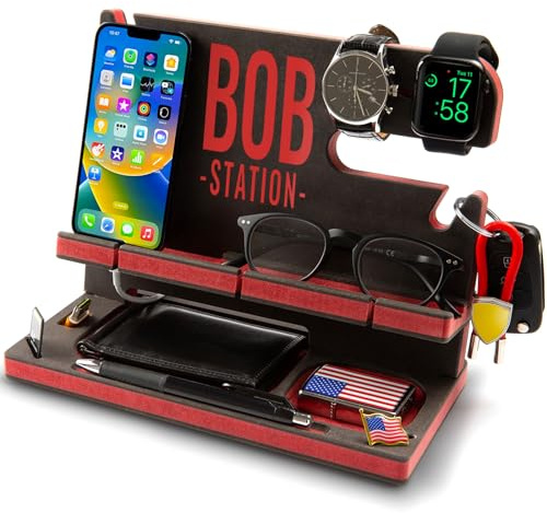 Greta Oto Personalisiert Holz Ladestation für Handy, Tablet, Geldbörse, Gadgets, Uhr, Schlüssel, Accessories, Schreibtisch Organizer, Ablage für Arbeitstisch, Nachttisch,Geschenke für Männer